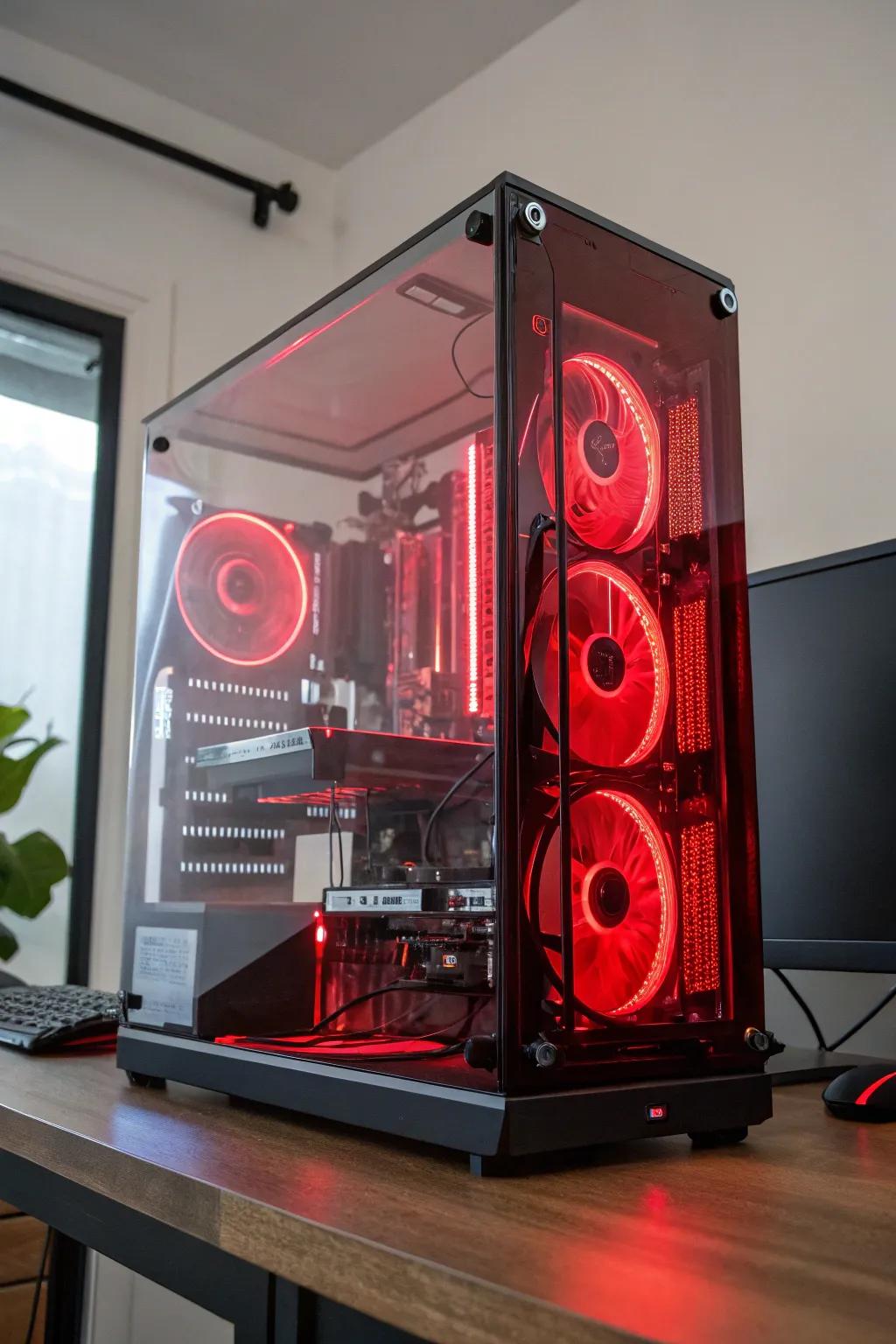 A tailored gaming PC emanates a scarlet shine, exposing its sophisticated internal workings.