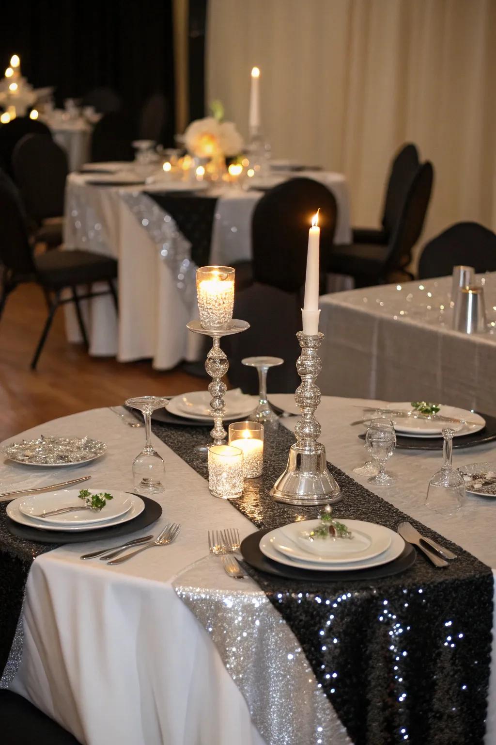 A sophisticated table arrangement featuring noir and argent embellishments.