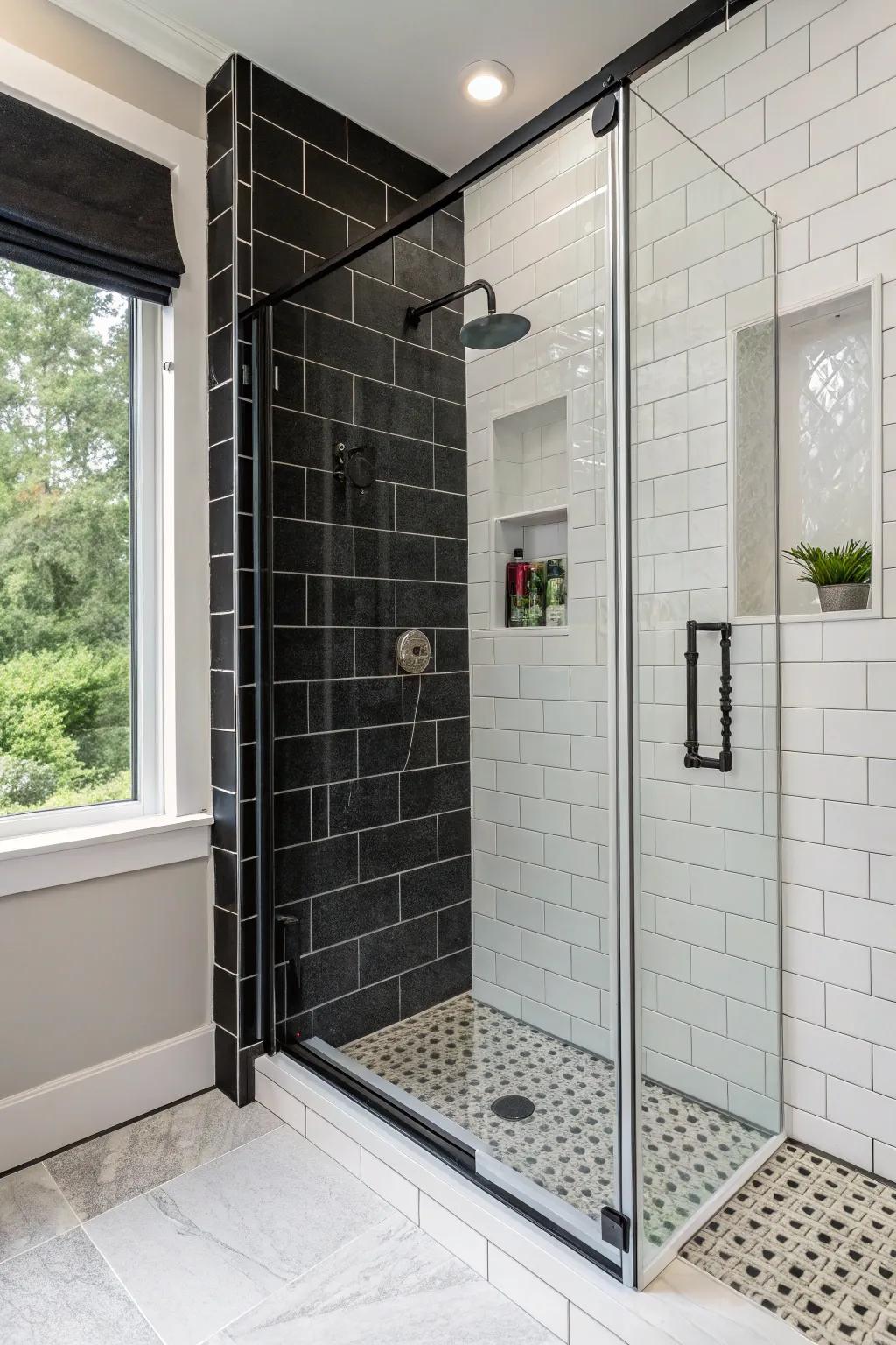 A dark tile feature wall introduces drama and depth to this shower.