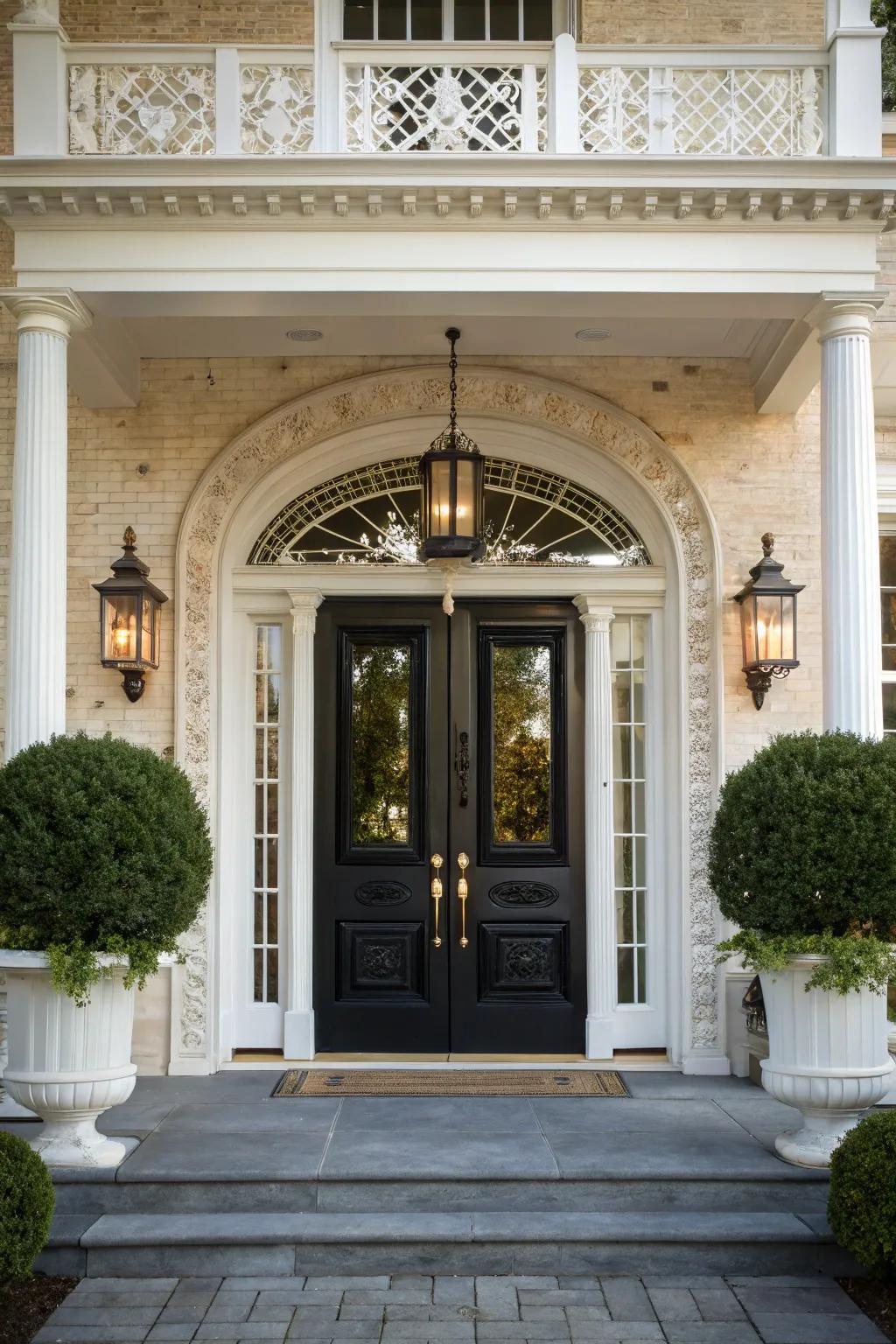 Twin doors with alabaster trim create a welcoming and balanced entrance.