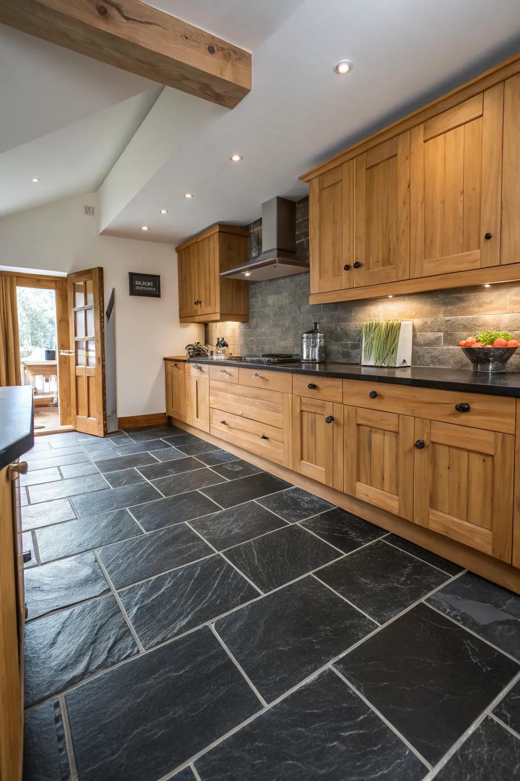 A kitchen accentuating the abundant texture of authentic slate dark floor tiles.