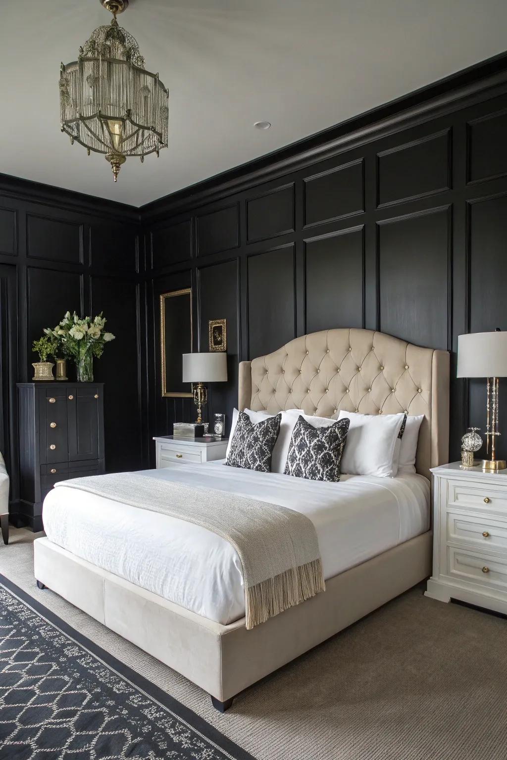 Ivory bedding grants a striking comparison to black decor.