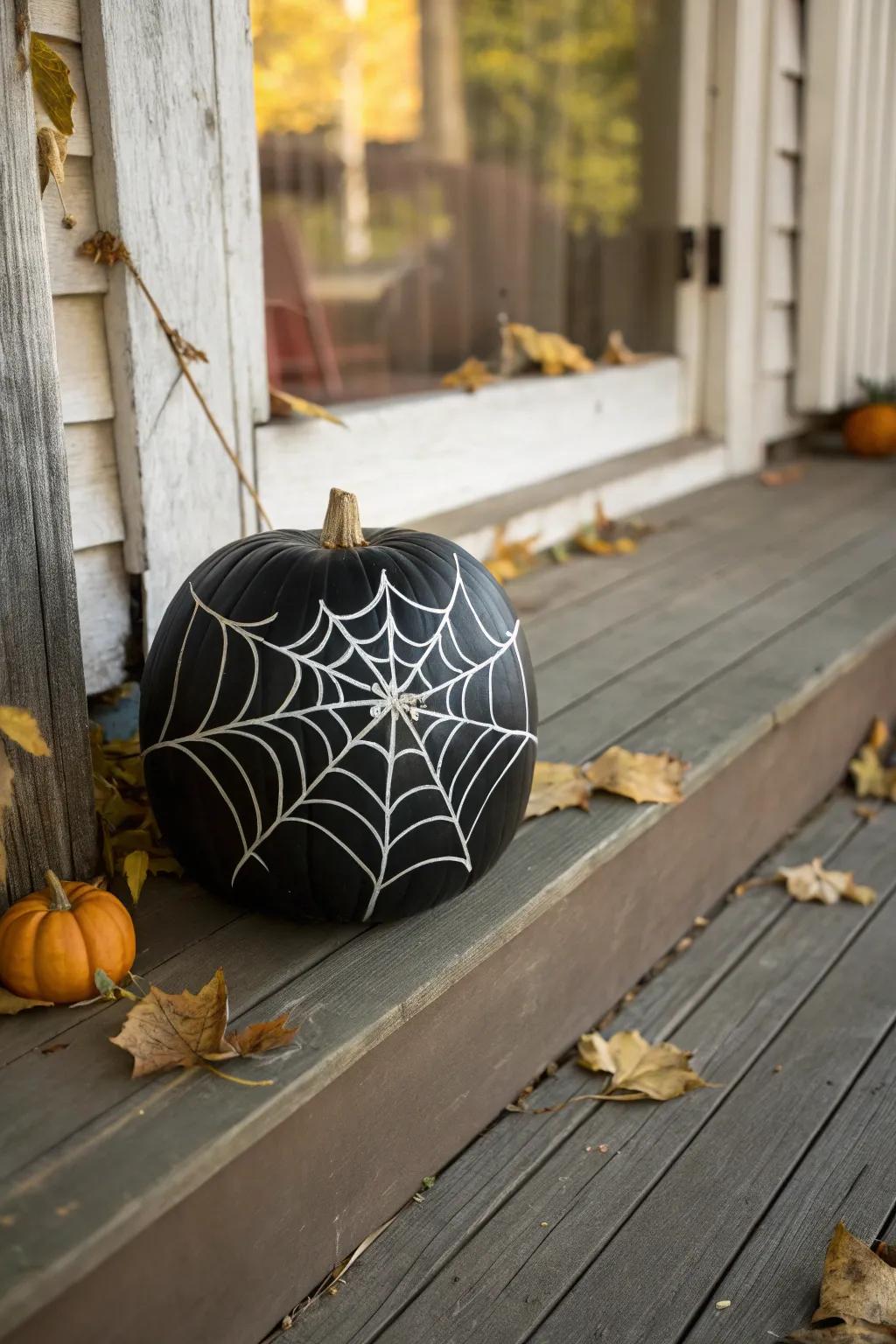 A dark-hued pumpkin with a spectral cobweb design, ideal for greeting visitors.