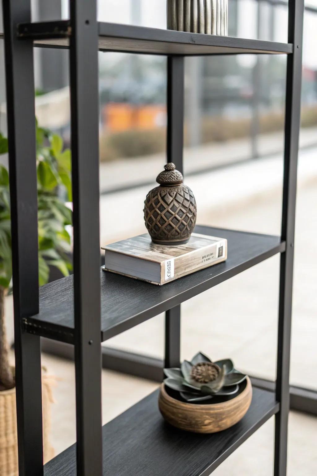 An aesthetic sculpture bestowing refinement upon a black shelf.