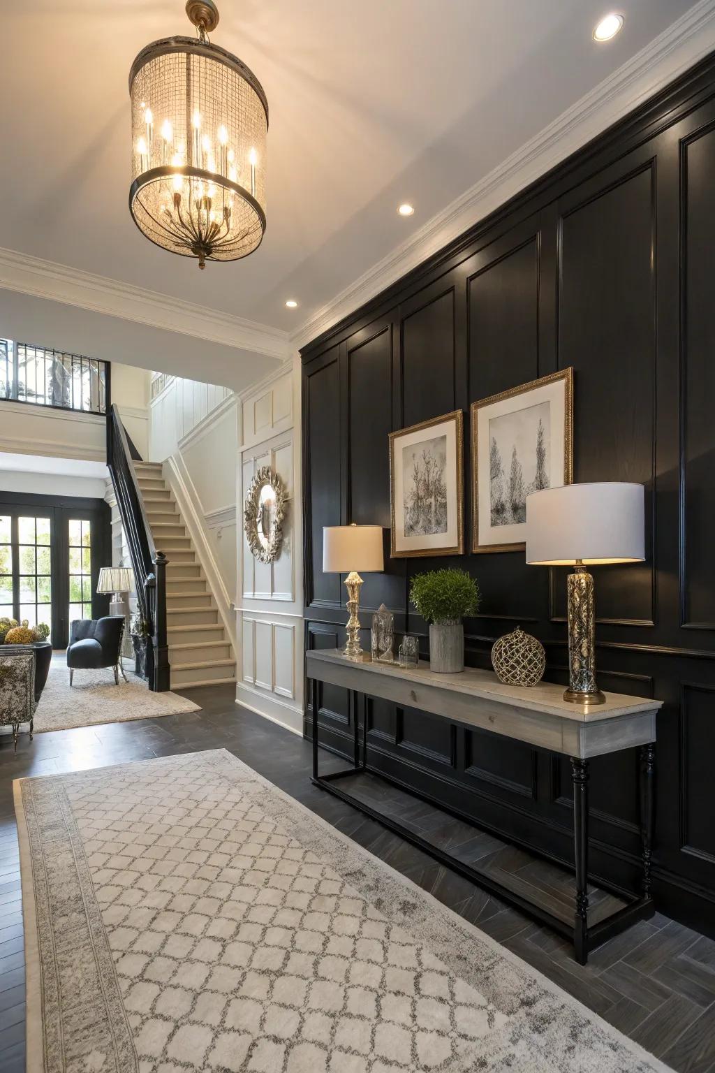 An audacious entranceway defined by dark wainscoting.