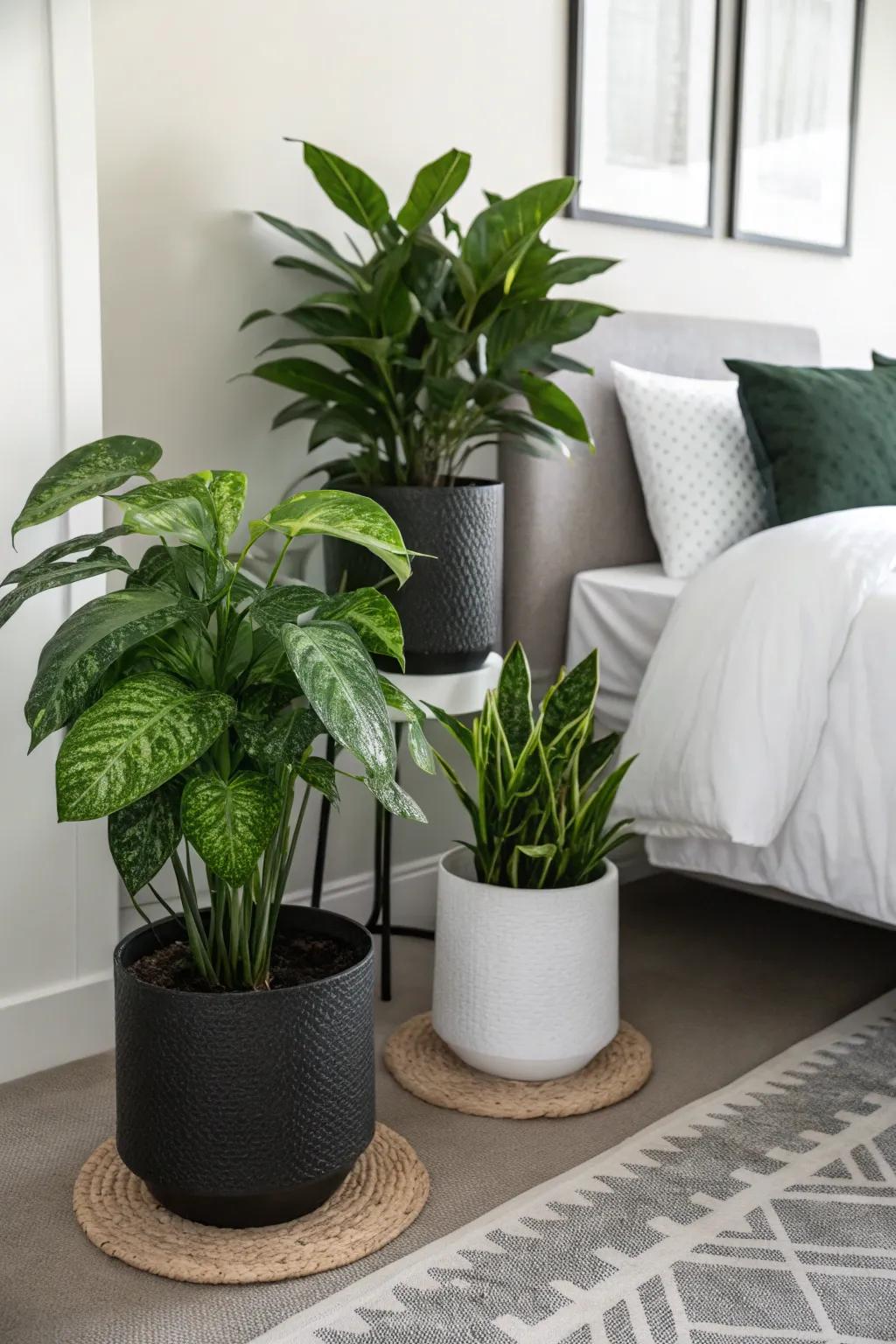 Verdant plants add a vibrant touch to a monochrome bedroom.