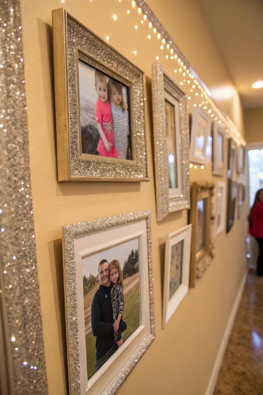 Photo frames exuding a delicate sparkle.