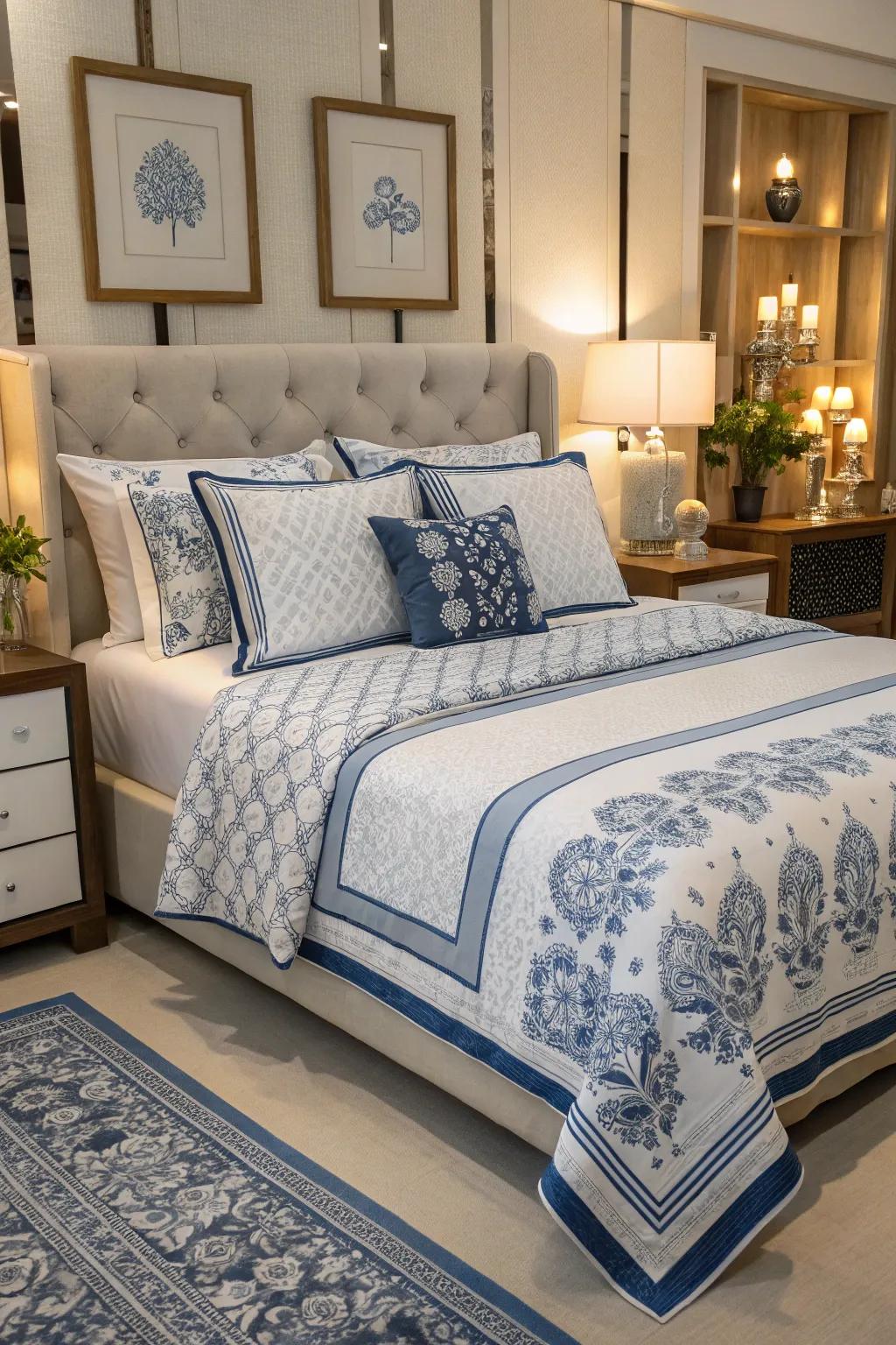 An assortment of designs in bedding in blue and white makes an inviting and cozy bed.