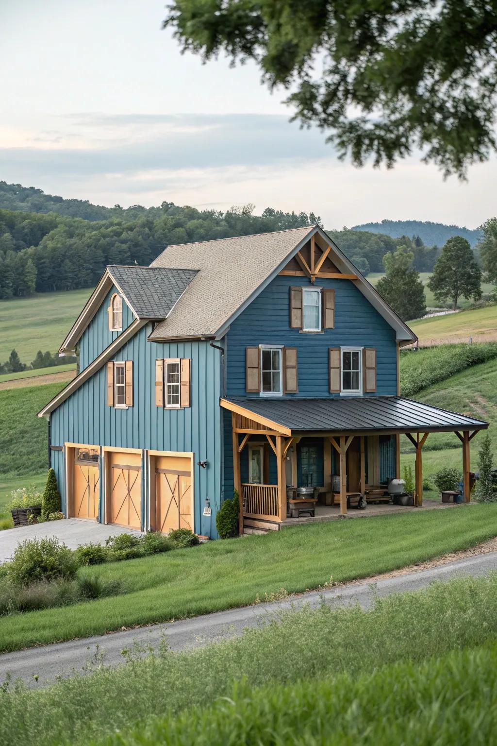 Raw wood accents bring warmth to blue exteriors.