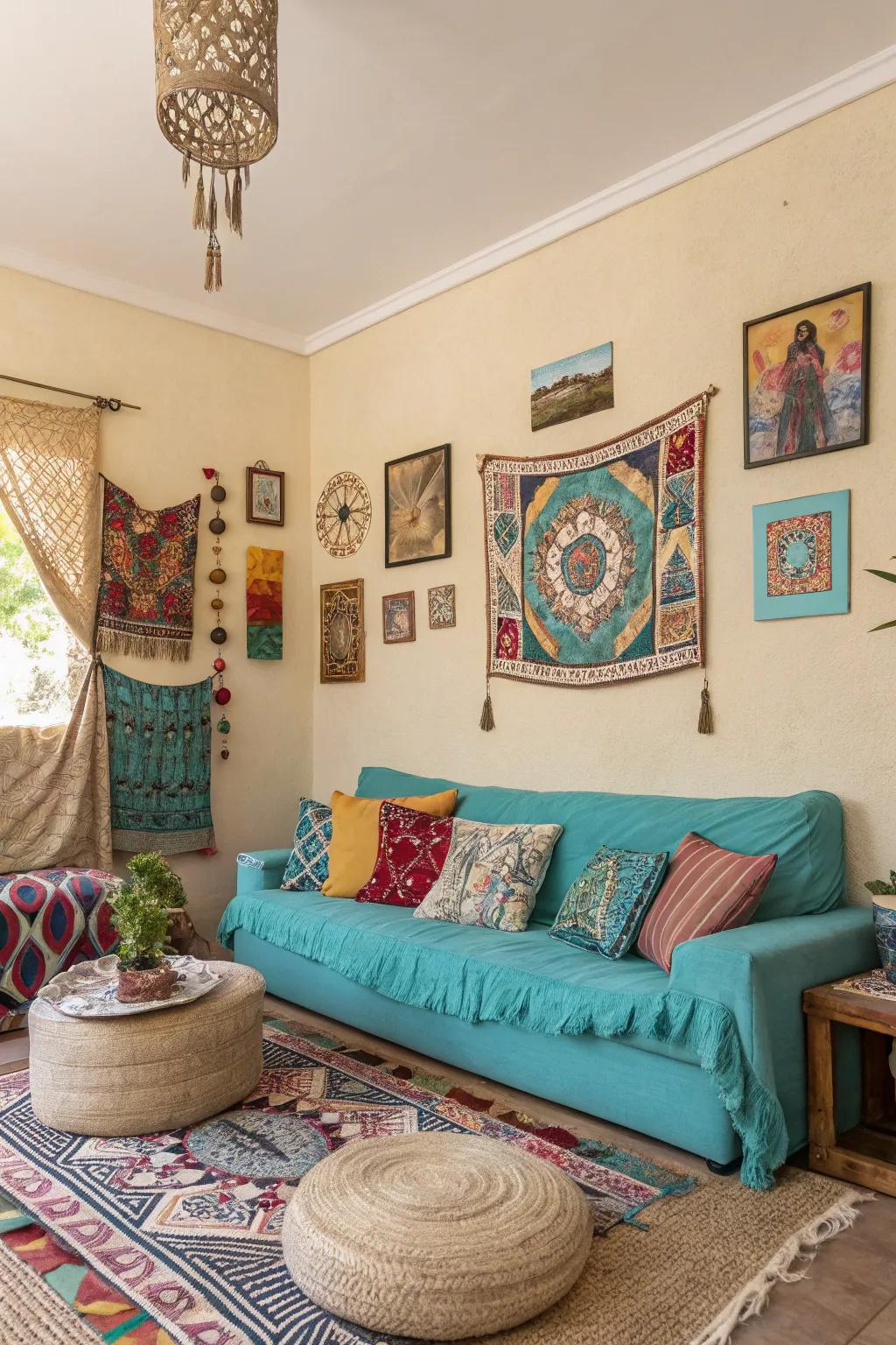 A bohemian family room with a vibrant and earthy color palette.