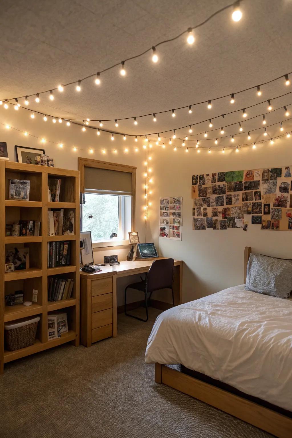 Delicate lights enhance the warmth of the area
