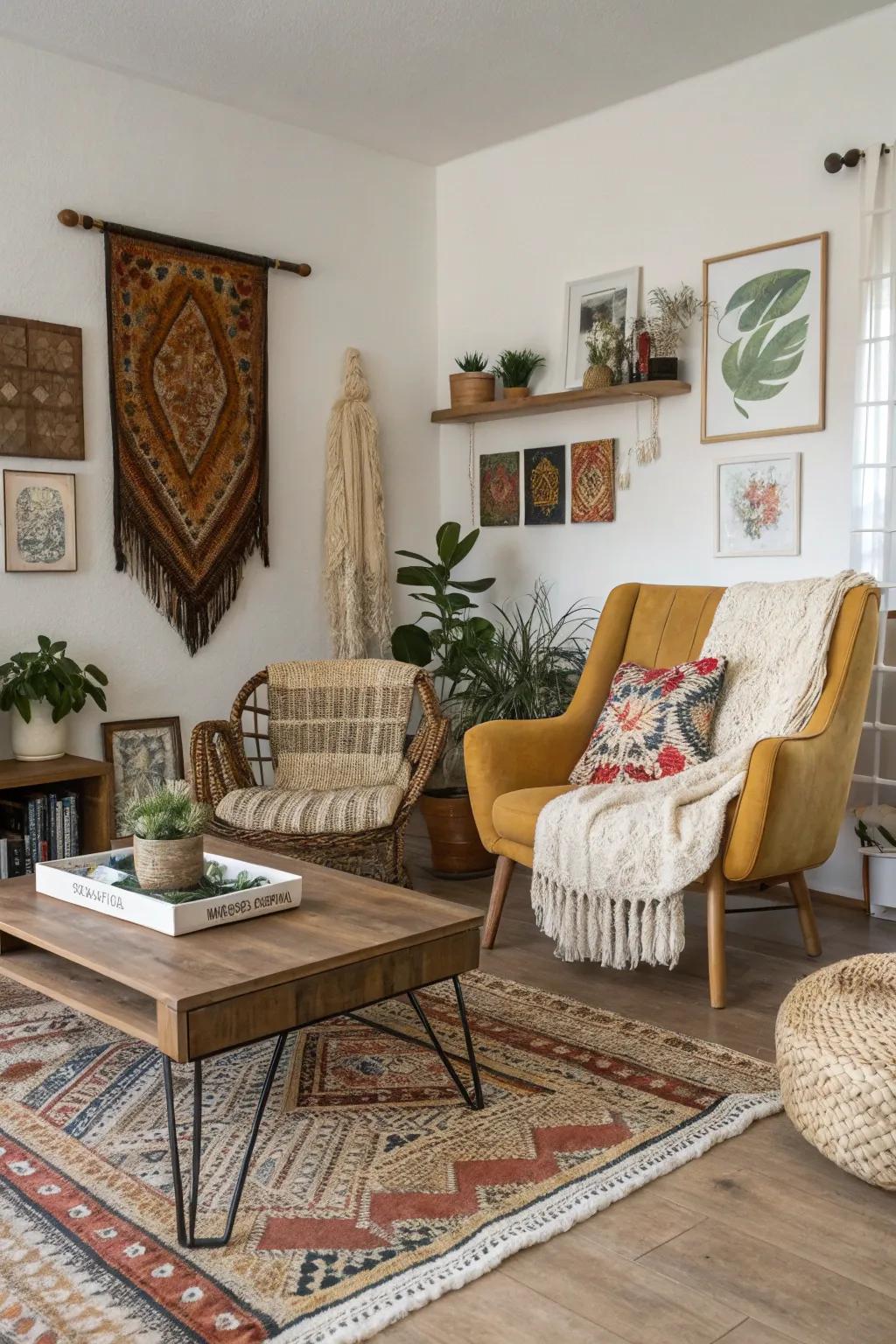 Eclectic furniture crafts a room abundant with personality and allure.