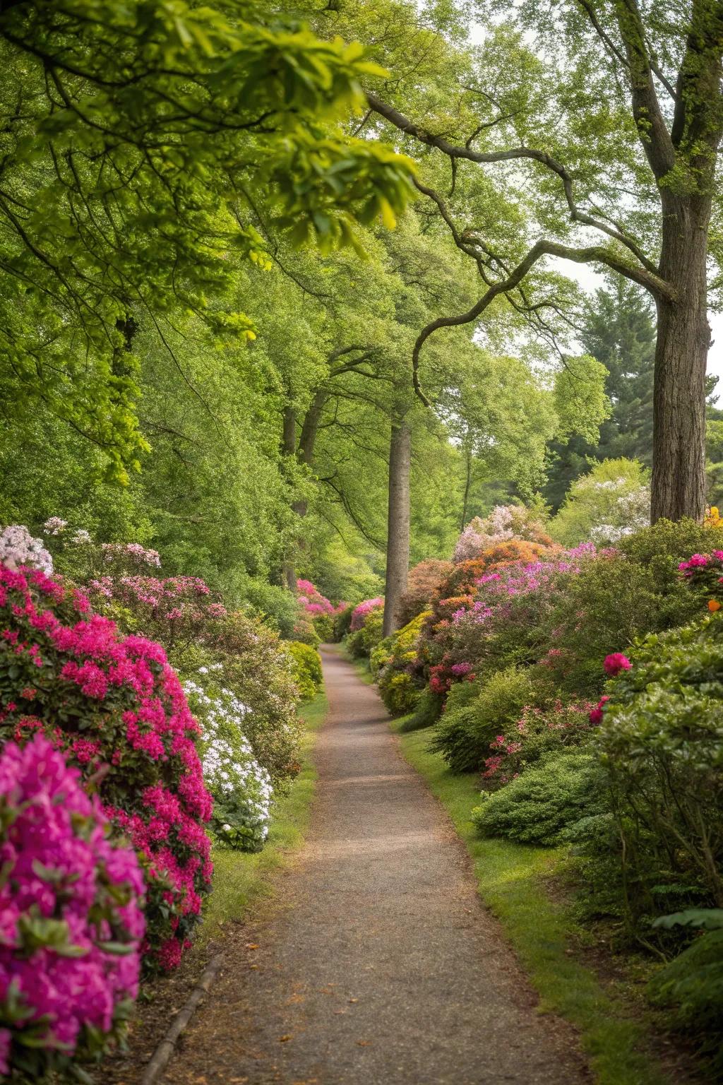 A scenic garden pathway surrounded by abundant verdant life.