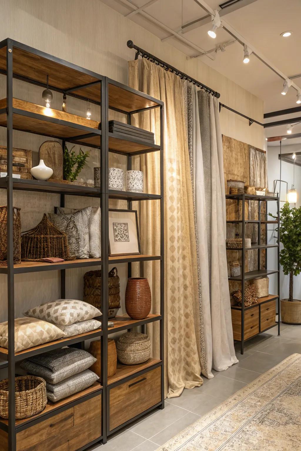 A boutique decor arrangement integrating timber, metal, and fabric, providing a textured and engaging ambiance.