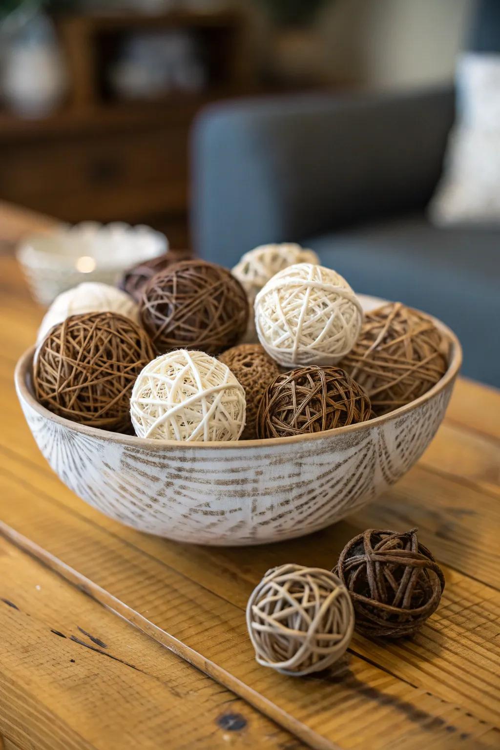 An artfully styled decorative bowl featuring a blend of wicker and twine spheres