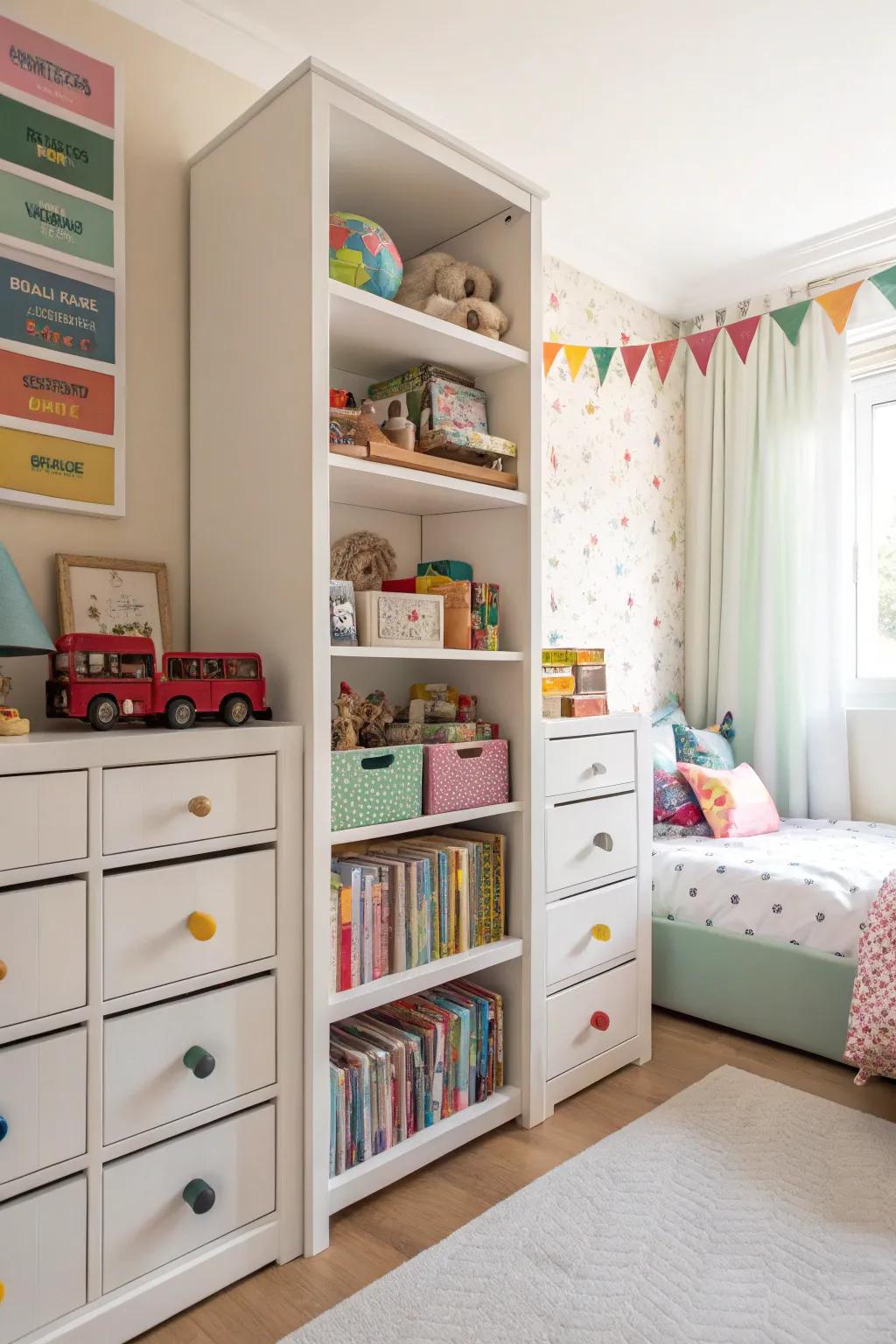 Clever storage units maintain shared bedrooms in a tidy and organized manner.