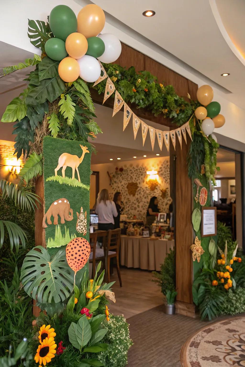 Jungle-inspired baby shower with verdant plants and lively faunal decor