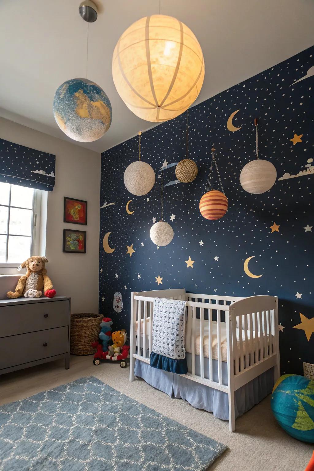 Awaken curiosity with a space-themed nursery tailored for your little explorer.