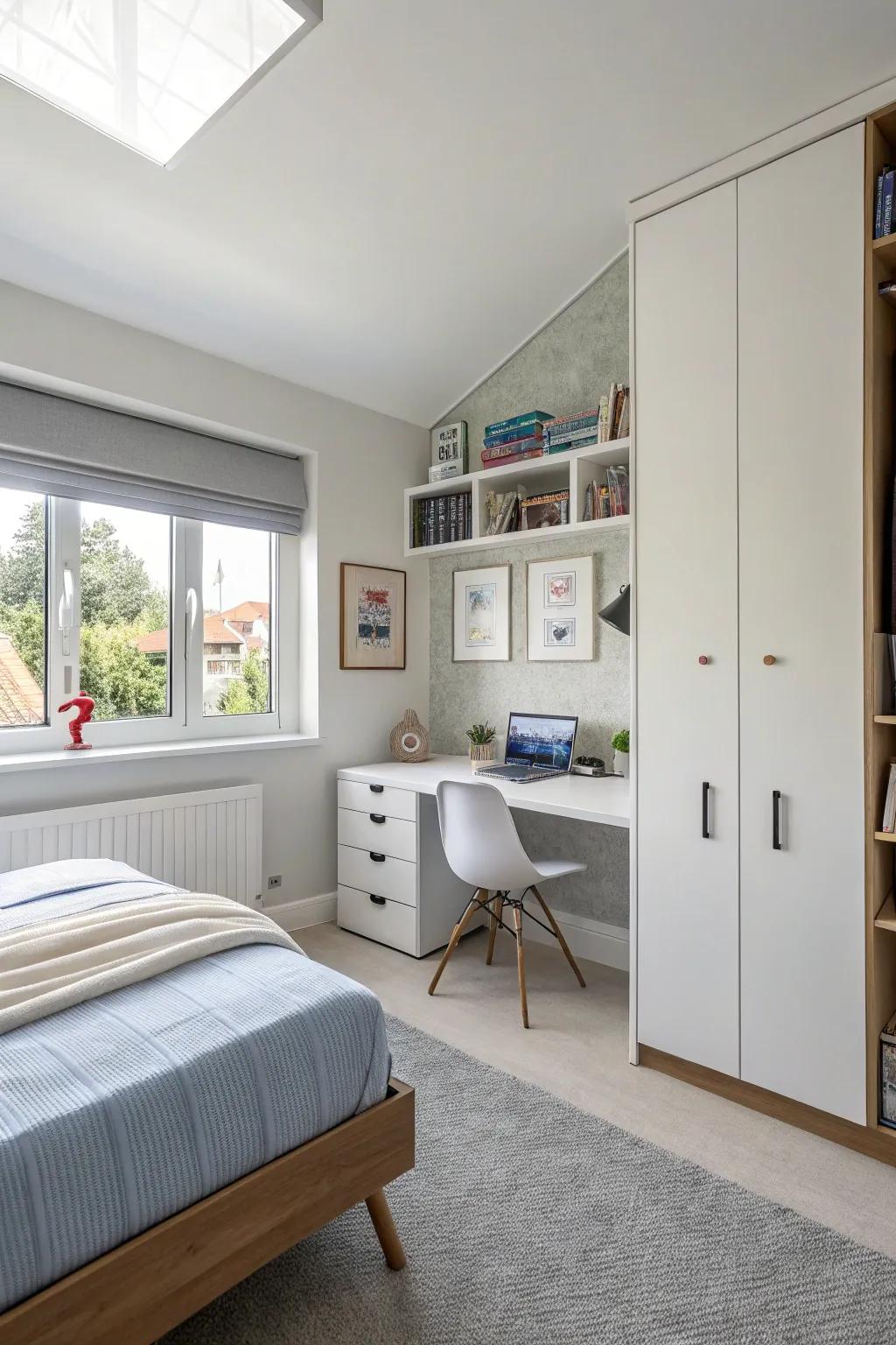 Up-to-date furnishing selections fashion a stylish yet useful boy's bedroom.