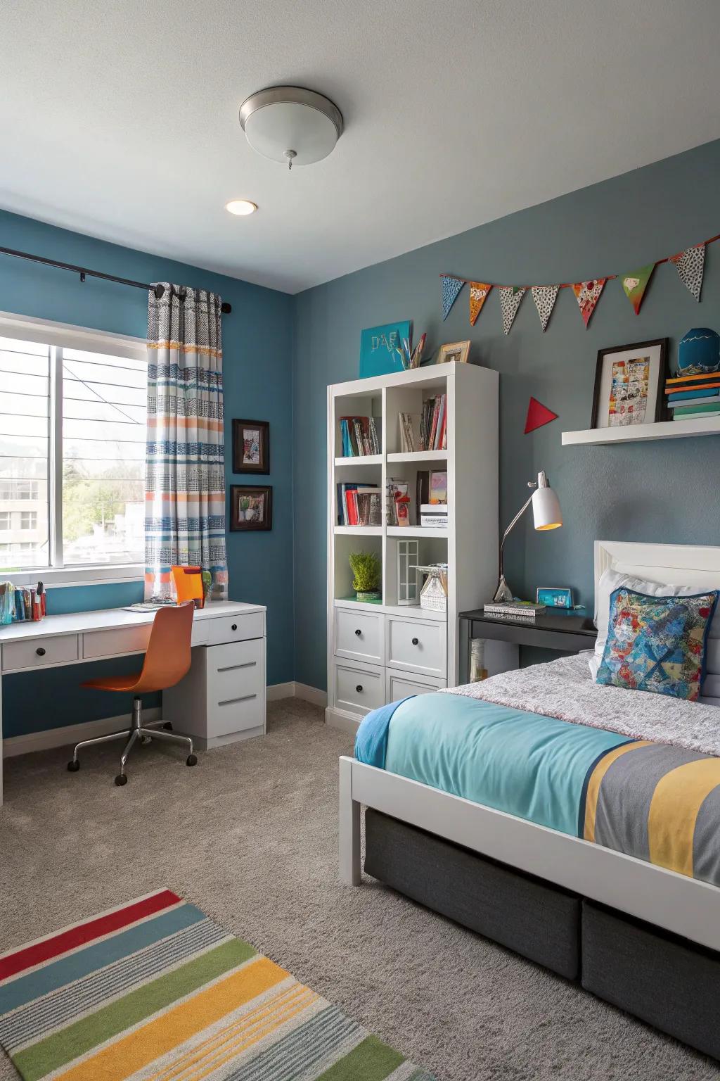 Blue-grey offers a sophisticated yet playful backdrop.