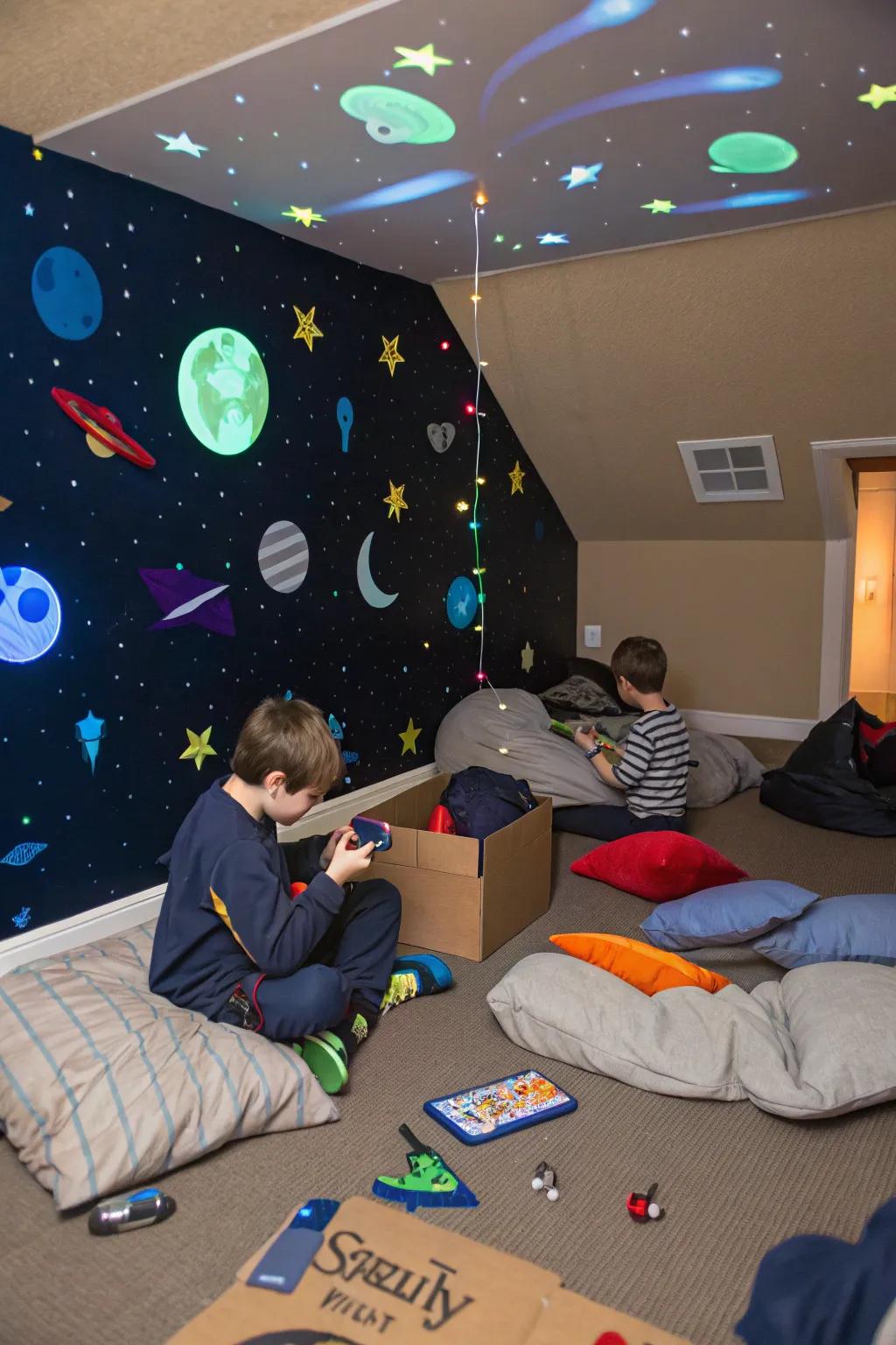 Conjure a universe brimming with joy using space-themed decorations.