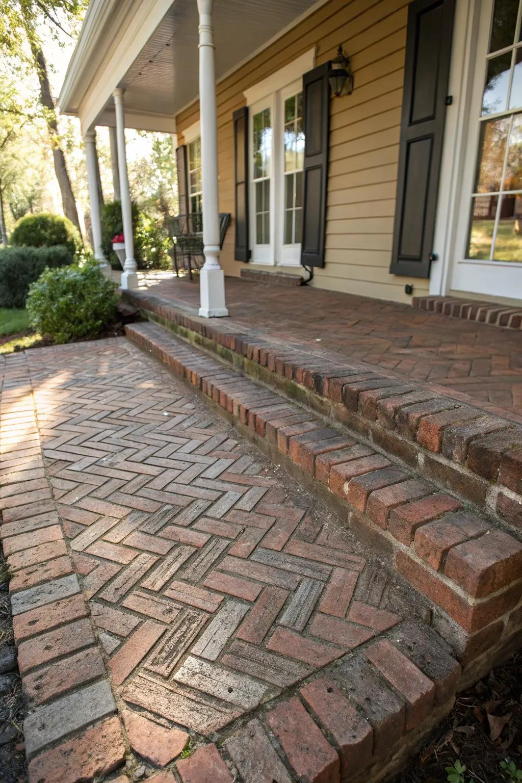 A visually compelling herringbone brick pattern adds character to the porch.