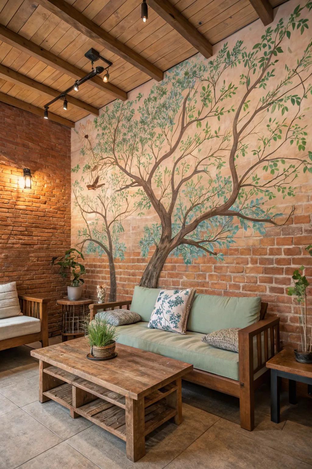 A nature-influenced mural instills tranquility within a rustic brick setting.
