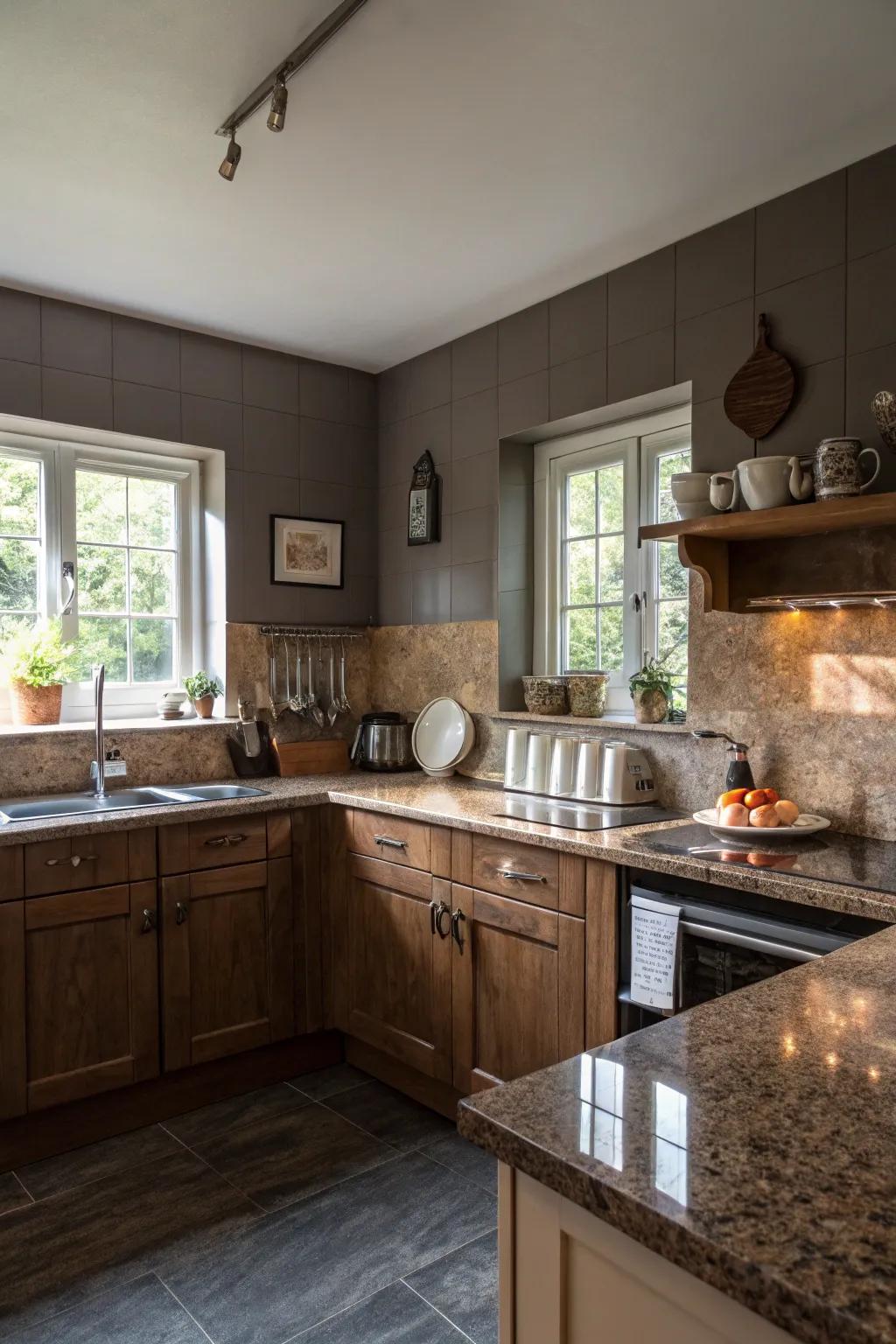 Dim gray introduces a modern edge to brown granite's warmth.