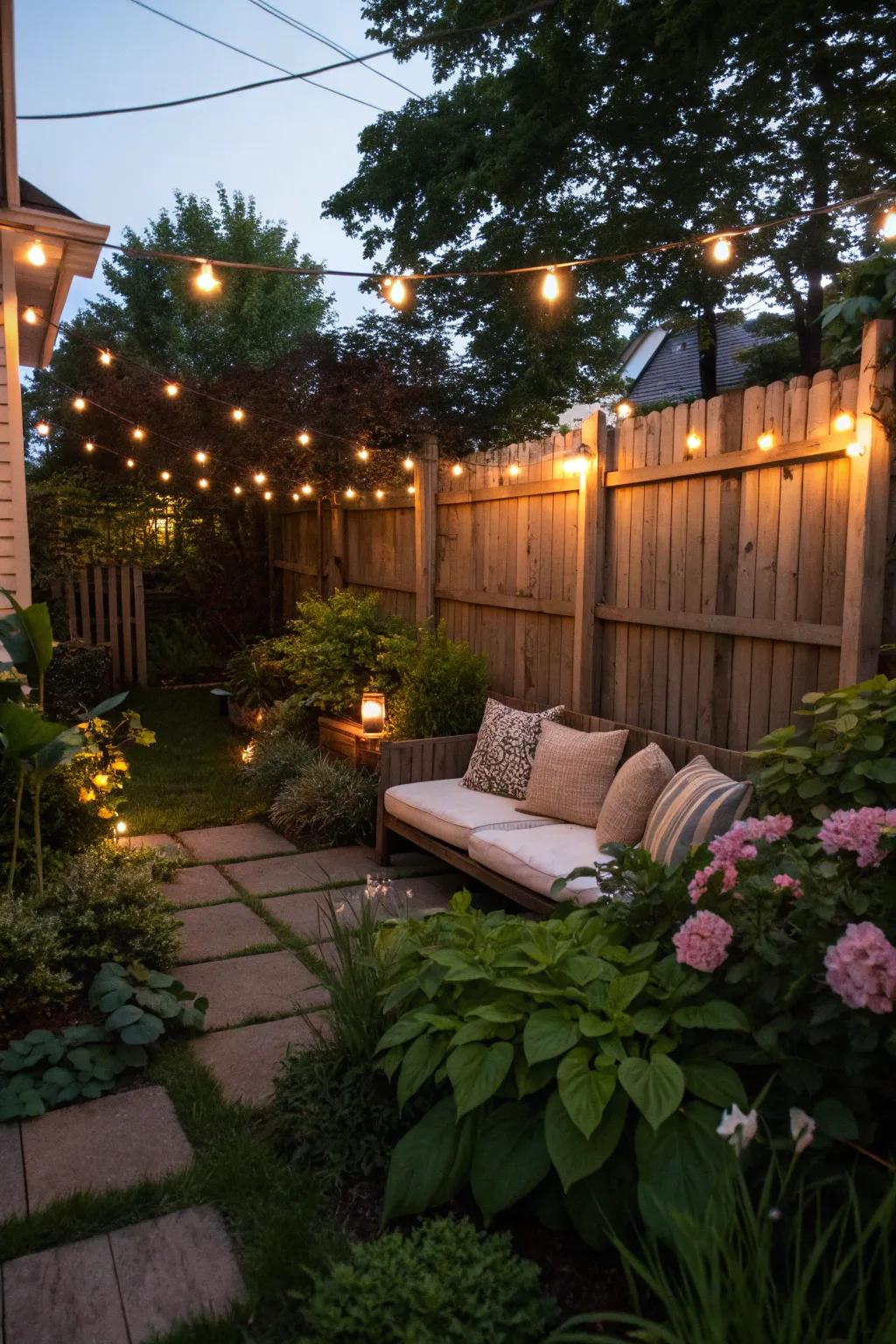 Festoon illumination enriches the ambiance of your garden, sculpting a warm and inviting space.