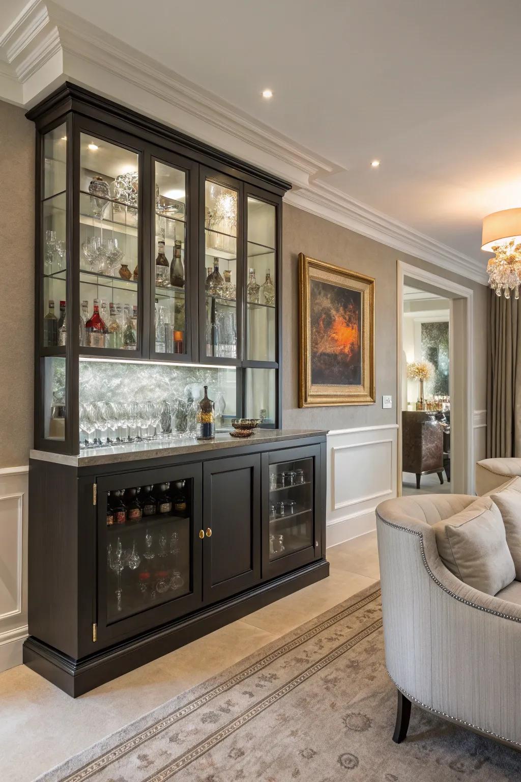 Glass-front cabinets infuse any home bar with sophistication and grace.