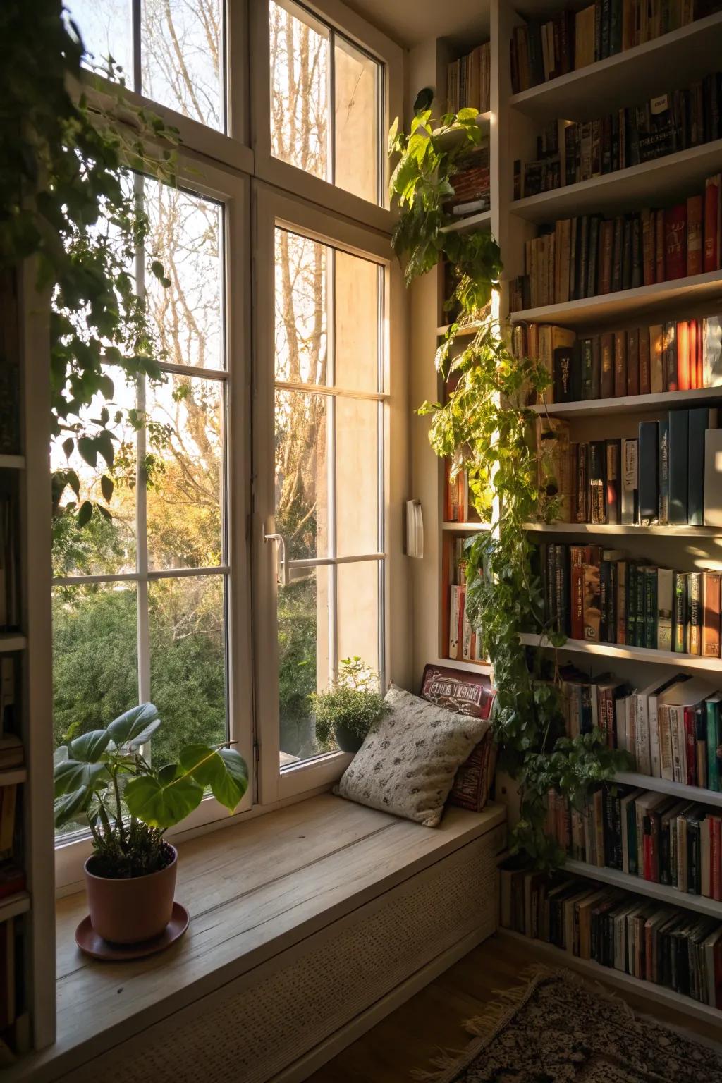 Window-framed bookshelves perfectly combine illumination and literature.