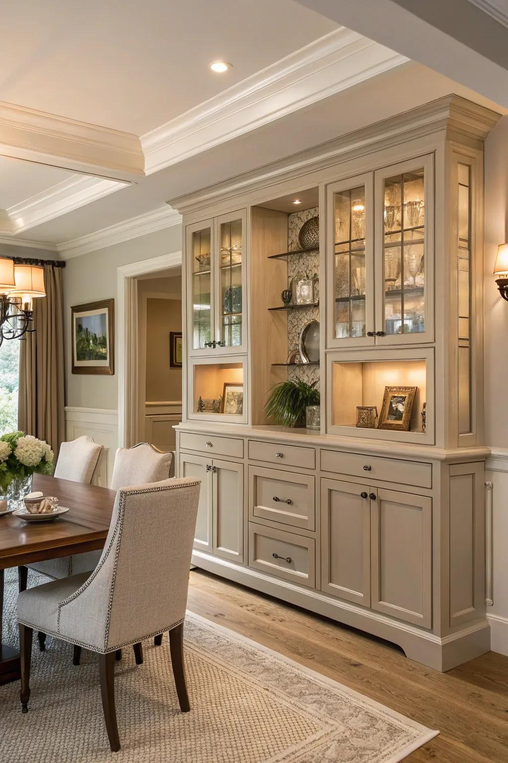 Timeless dining room with built-in cabinets in subtle colors.