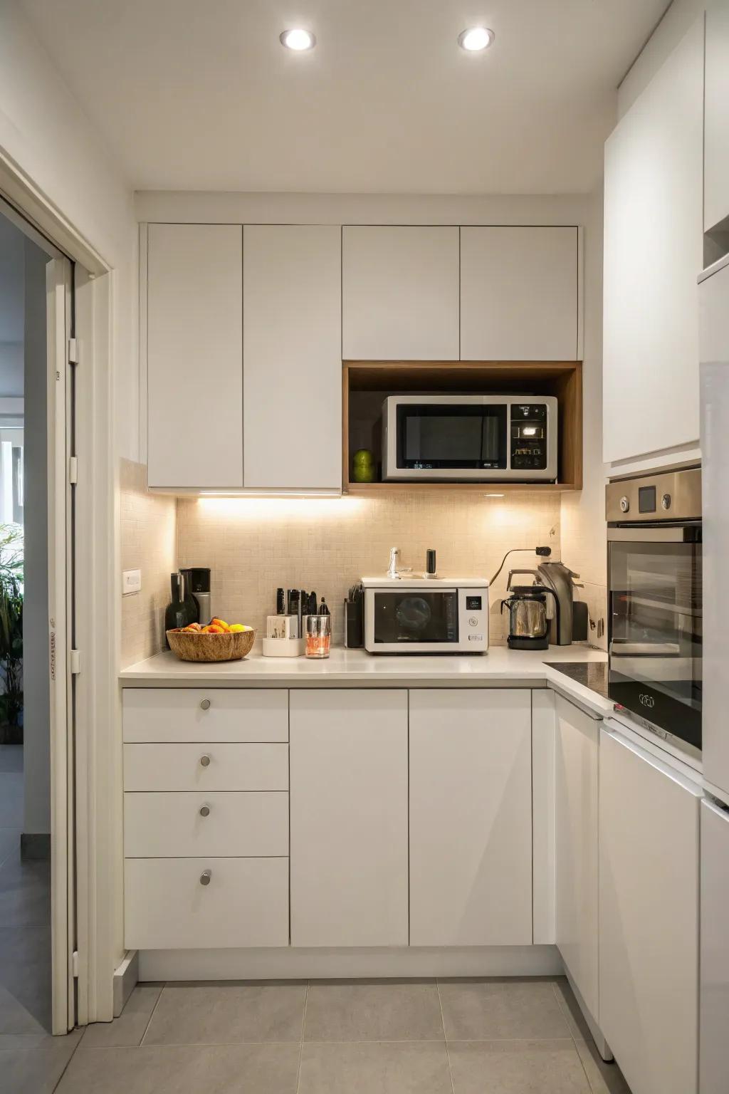 Minimalist culinary space where the microwave is tucked away behind lift-up cabinet doors.