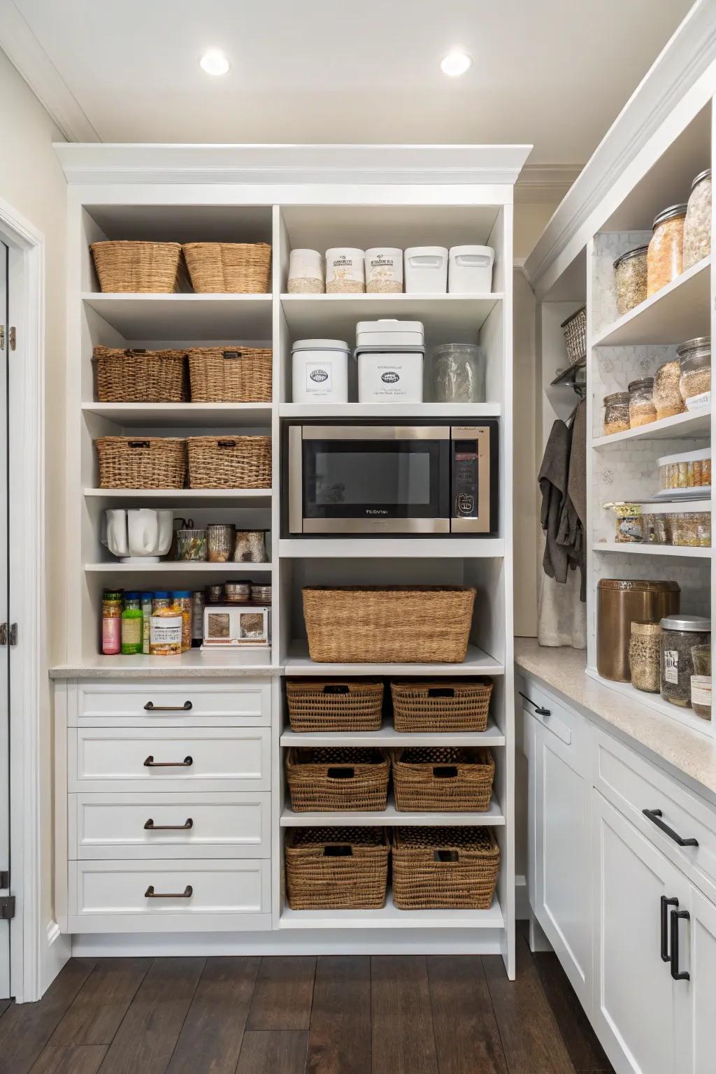 A microwave tidily built into a spacious pantry.