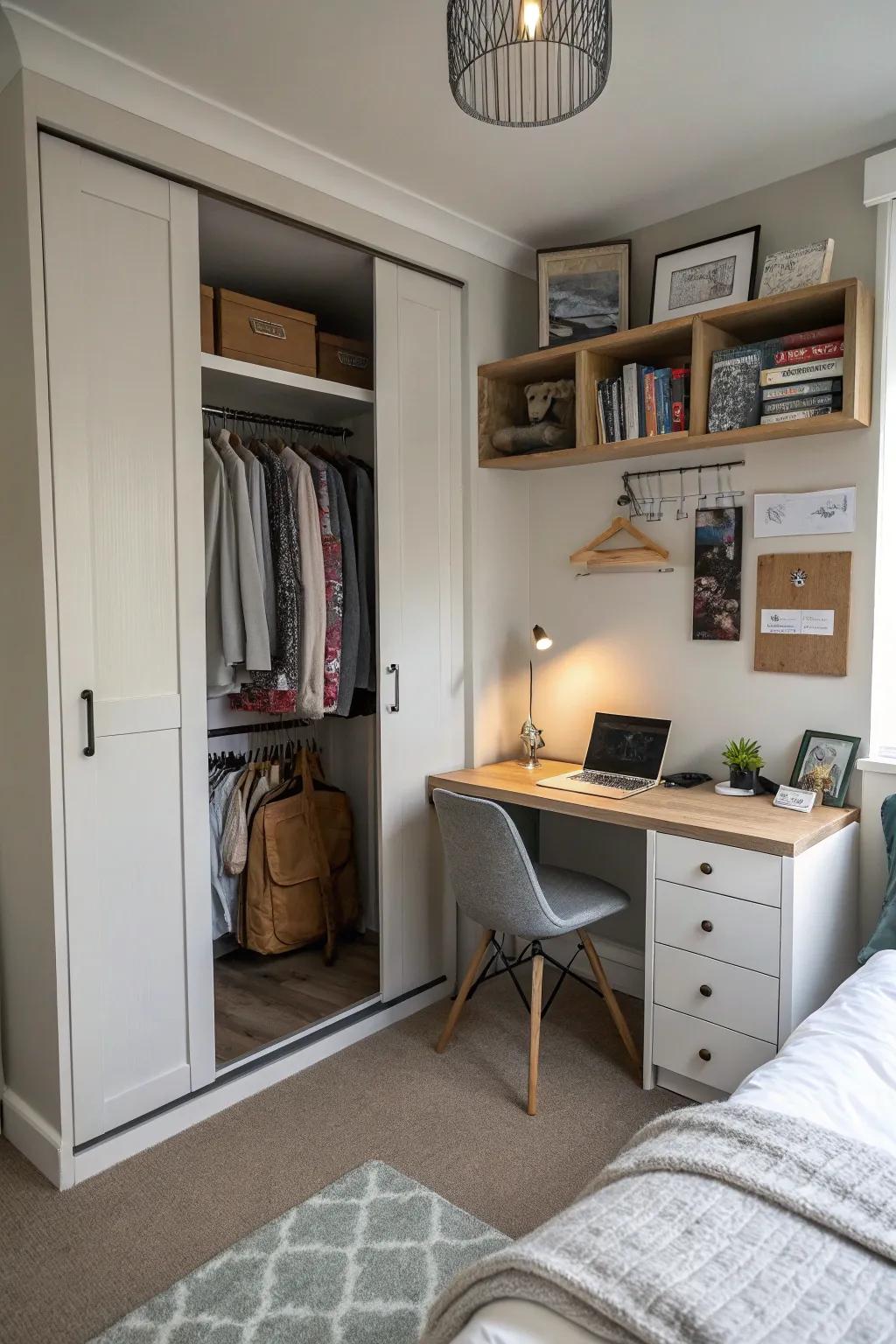Skillful merging of a desk within a wardrobe for flexible space management.
