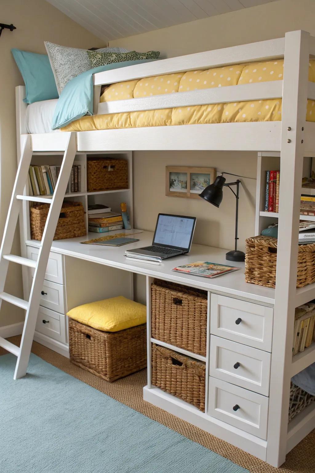 Bunk beds with integrated storage and workspace are incredibly versatile.