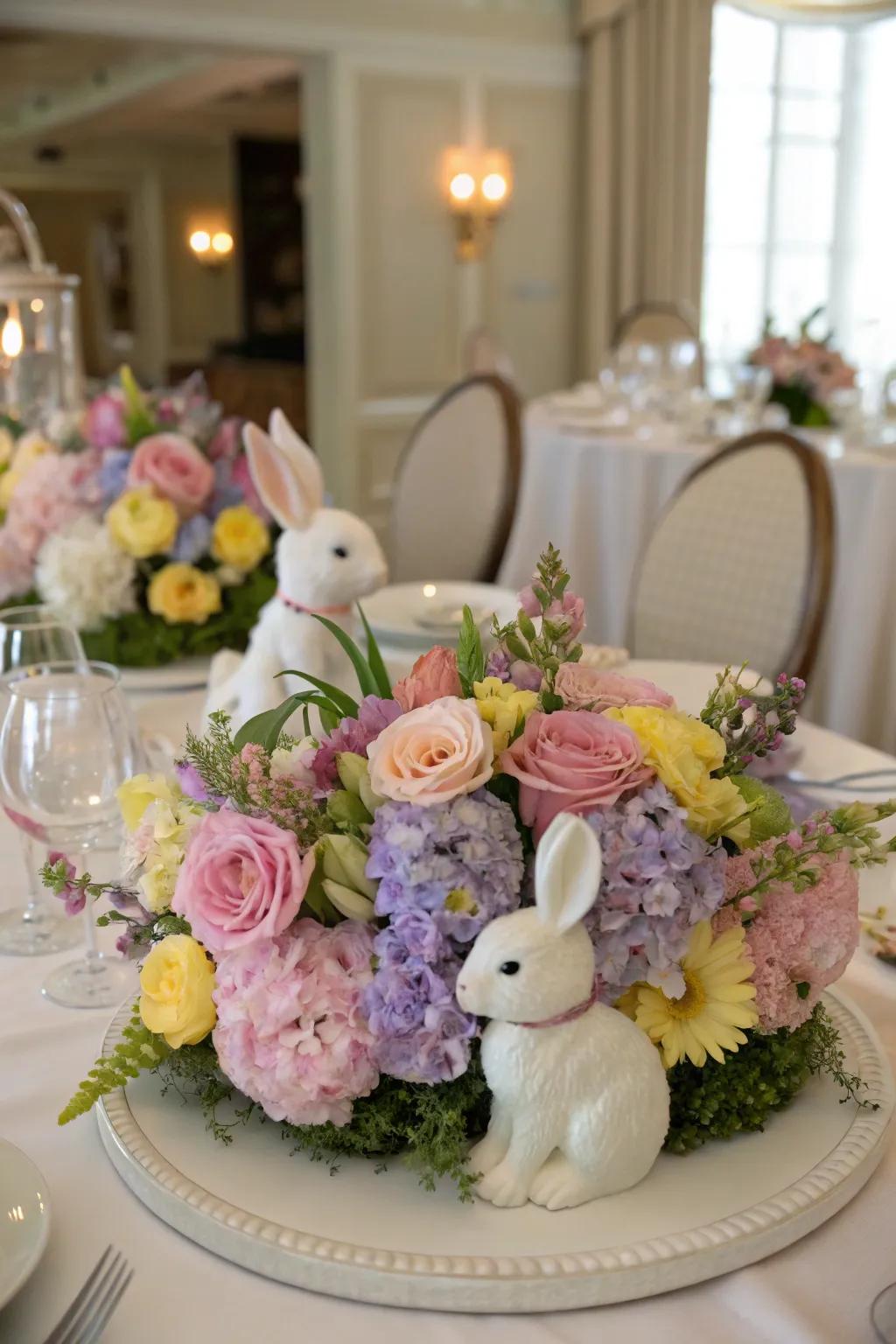 Floral bunny table accents bring enchanting grace to the table setting.