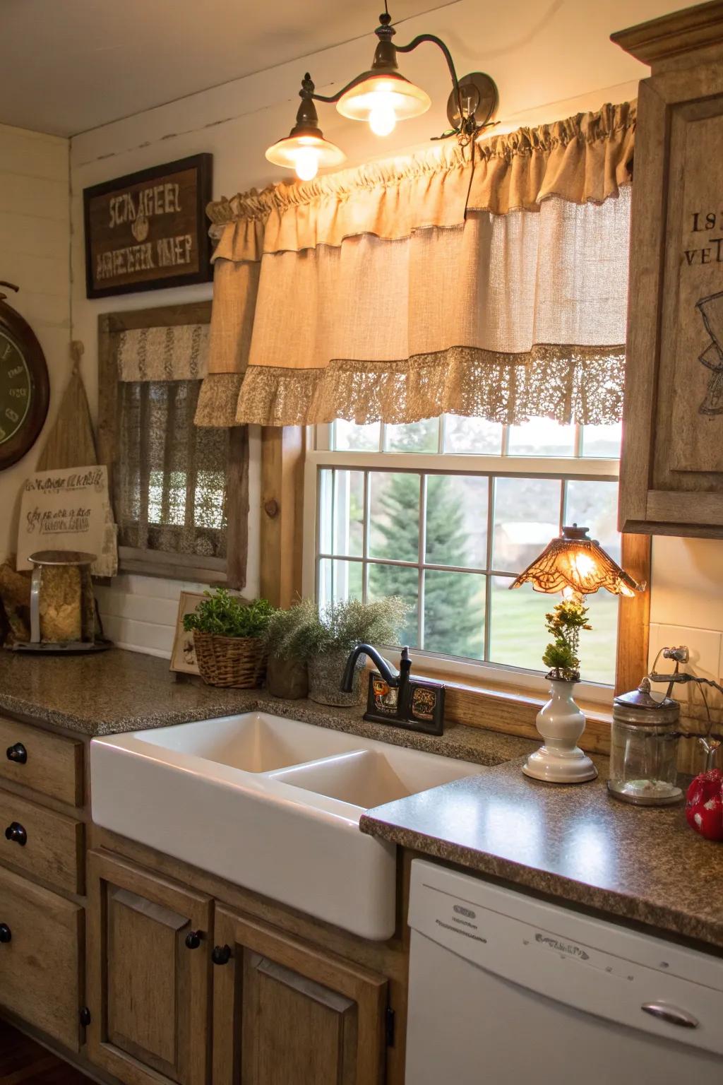 Rustic warmth with a burlap short curtain in the kitchen.