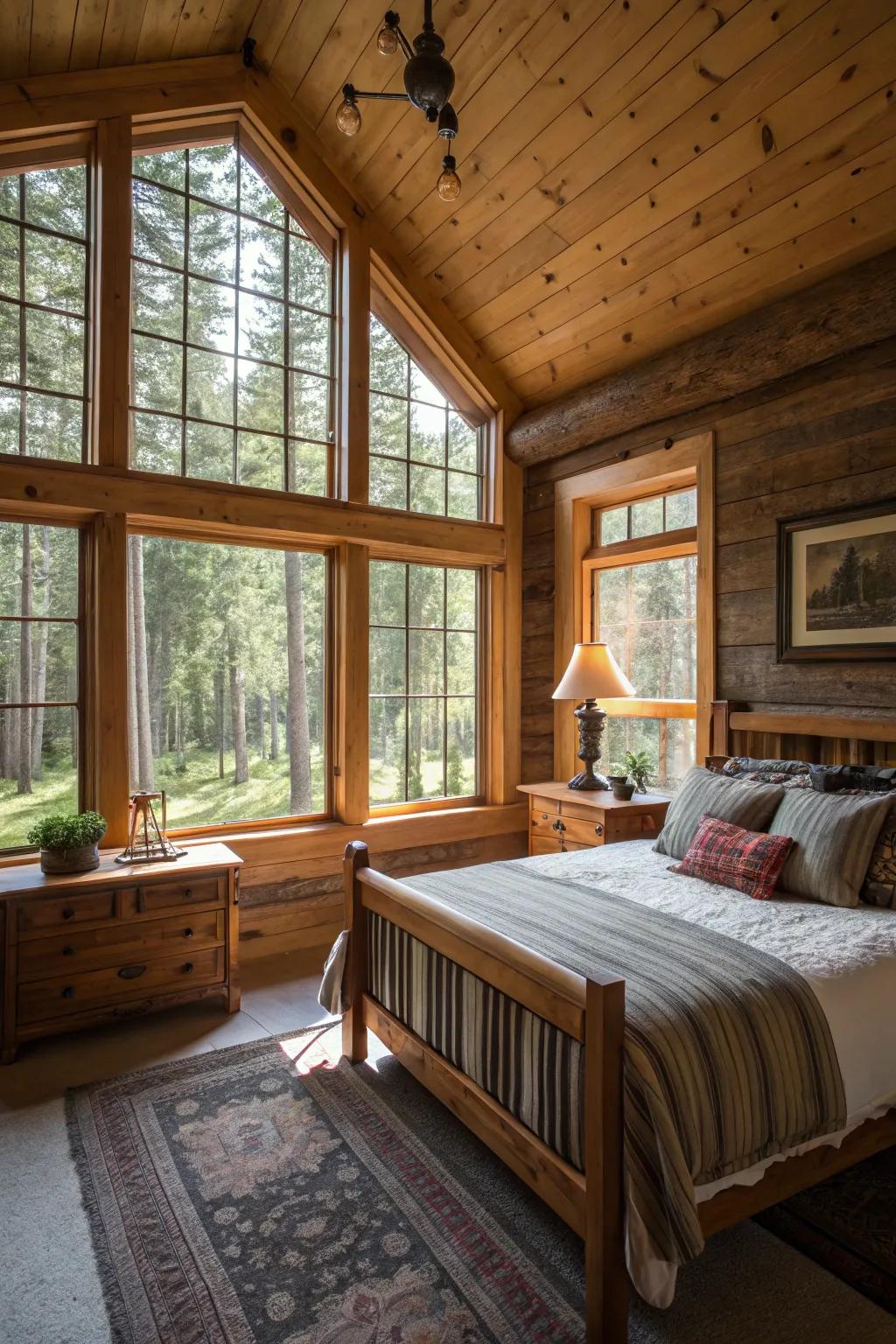 A cabin bedroom with large windows allowing an abundance of natural light.