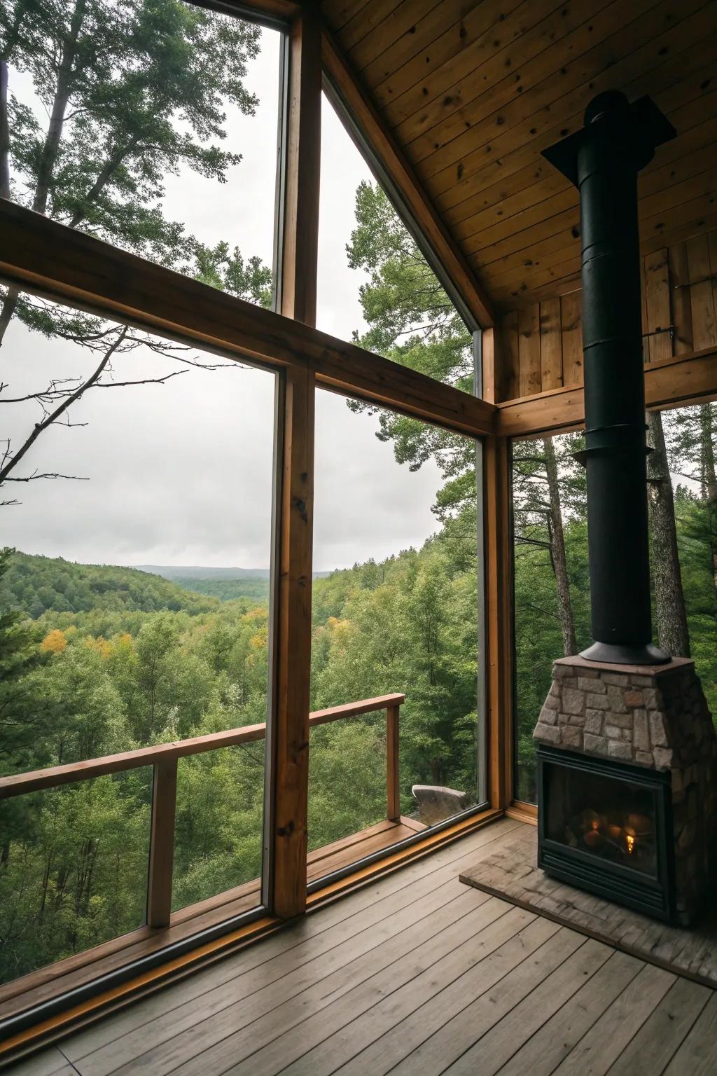 Cabin featuring expansive windows revealing forest vistas