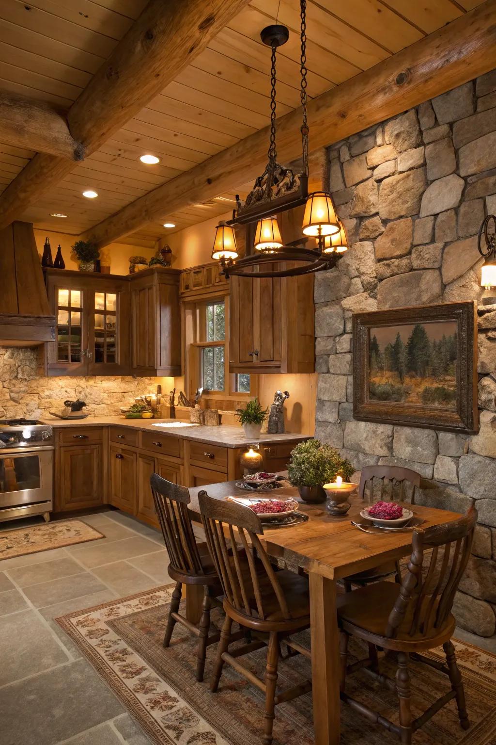 Delicate, gentle lighting enhances the inviting atmosphere of a log cabin kitchen.