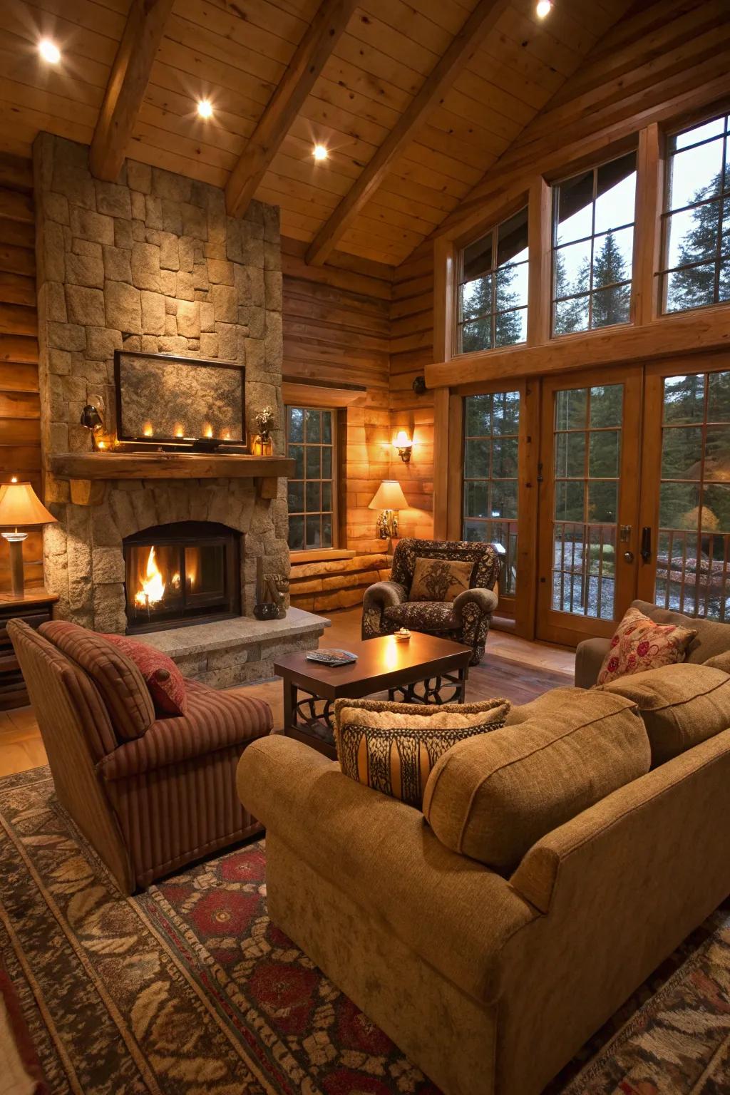 Comfortable seating in natural shades establishes a welcoming cabin space.