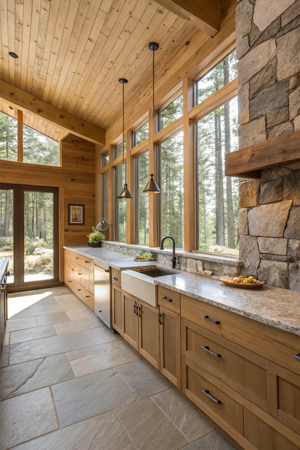 A contemporary cooking area blends seamlessly with rustic nuances for a perfect cabin atmosphere.