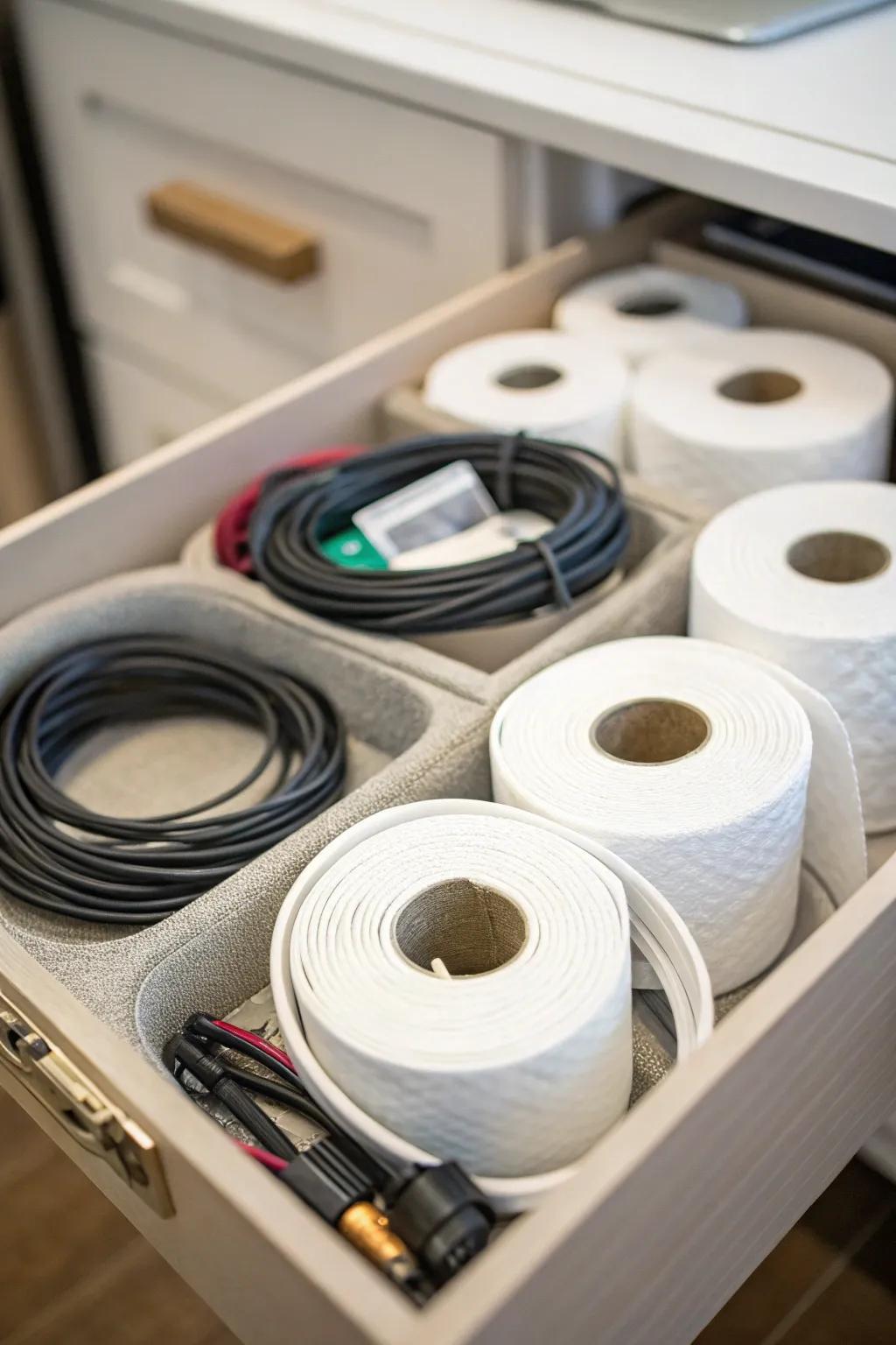 Cardboard rolls serving as inventive cable organizers.