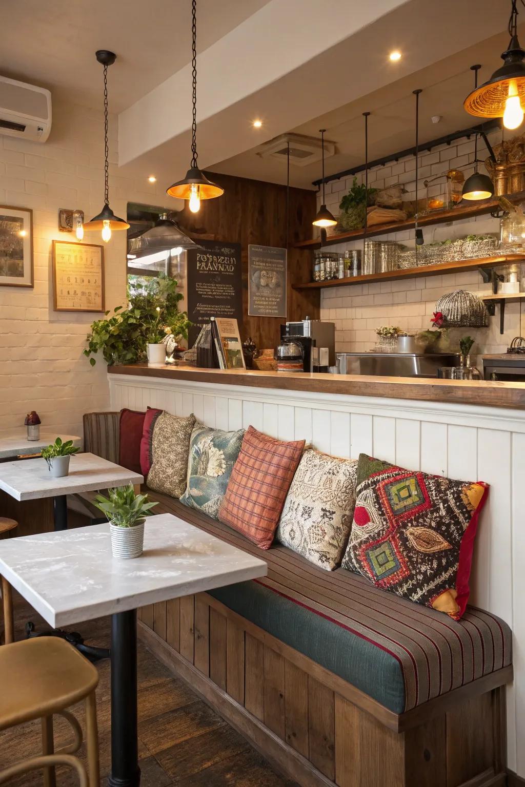 A cozy nook in a cafe kitchen provides the perfect spot for enjoying a cup of coffee.