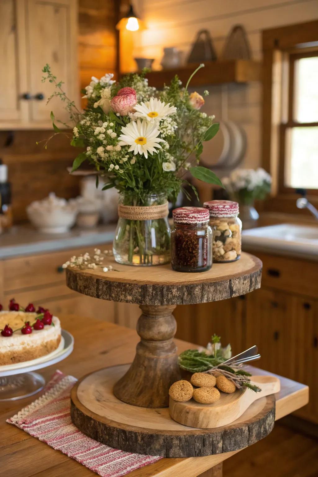 The incorporation of a rustic cake stand display introduces warmth and allure to your home.