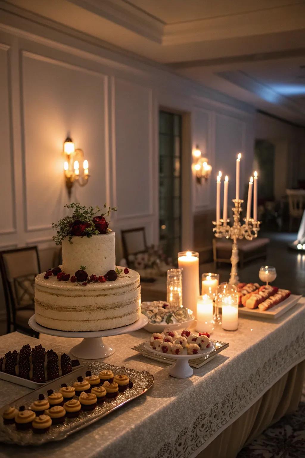 A cake table illuminated using tapers of different heights, imparting warmth and refinement.