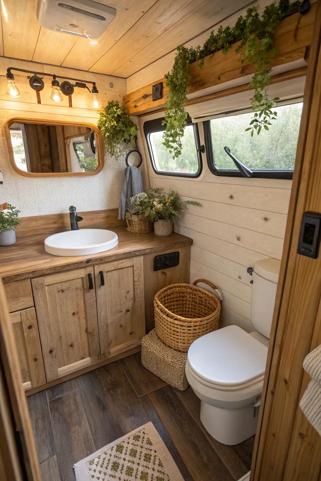 A snug camper van bathroom showcasing wood accents and natural-themed decor.