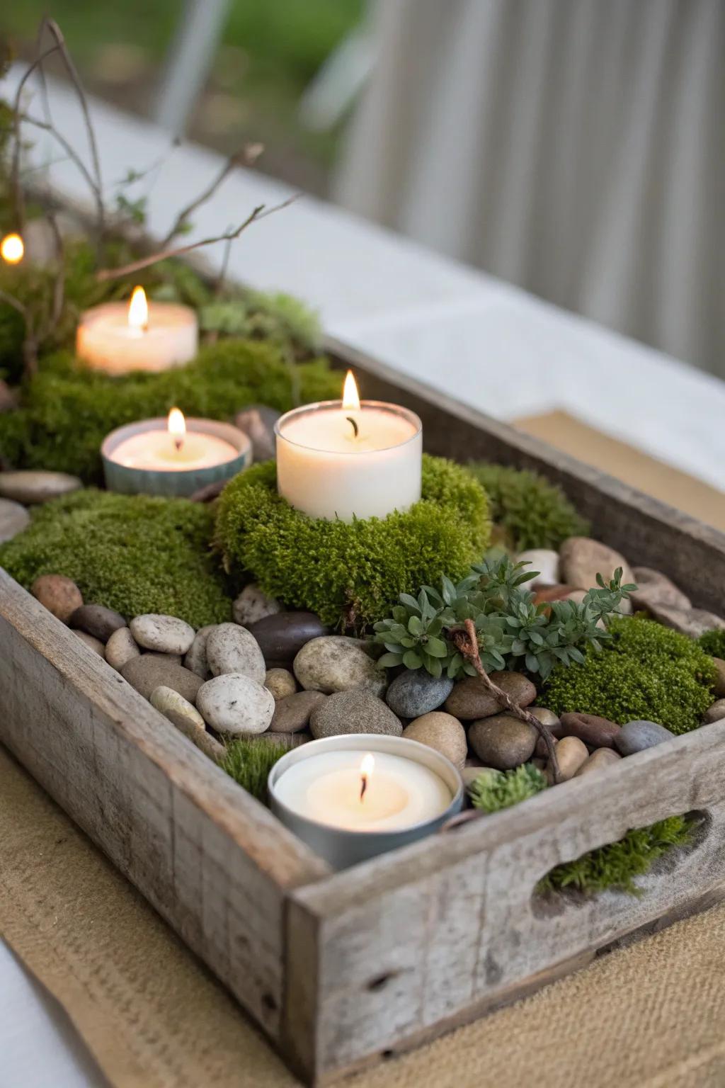 A country-inspired timber tray showcasing lilliputian lights and natural constituents.