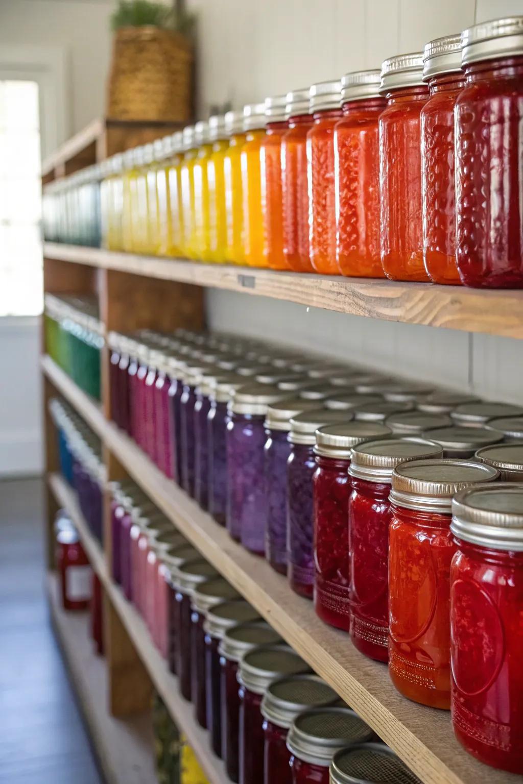 Incorporate a burst of shade into your kitchen with chromatically coordinated canning jars.